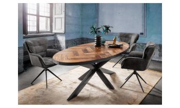 Tisch Esstisch OLDWOOD, oval, recyceltes Altholz Fishbone, Metall schwarz