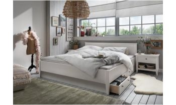 Bett Doppelbett Viola, Kiefer massiv mit Fussblende und Schubladen weiss oder laugenfarbig