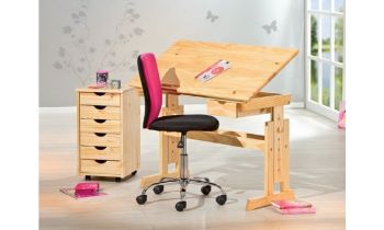 Jugendschreibtisch Julia II mit Rollcontainer und Drehstuhl, Kiefer natur 3er Set